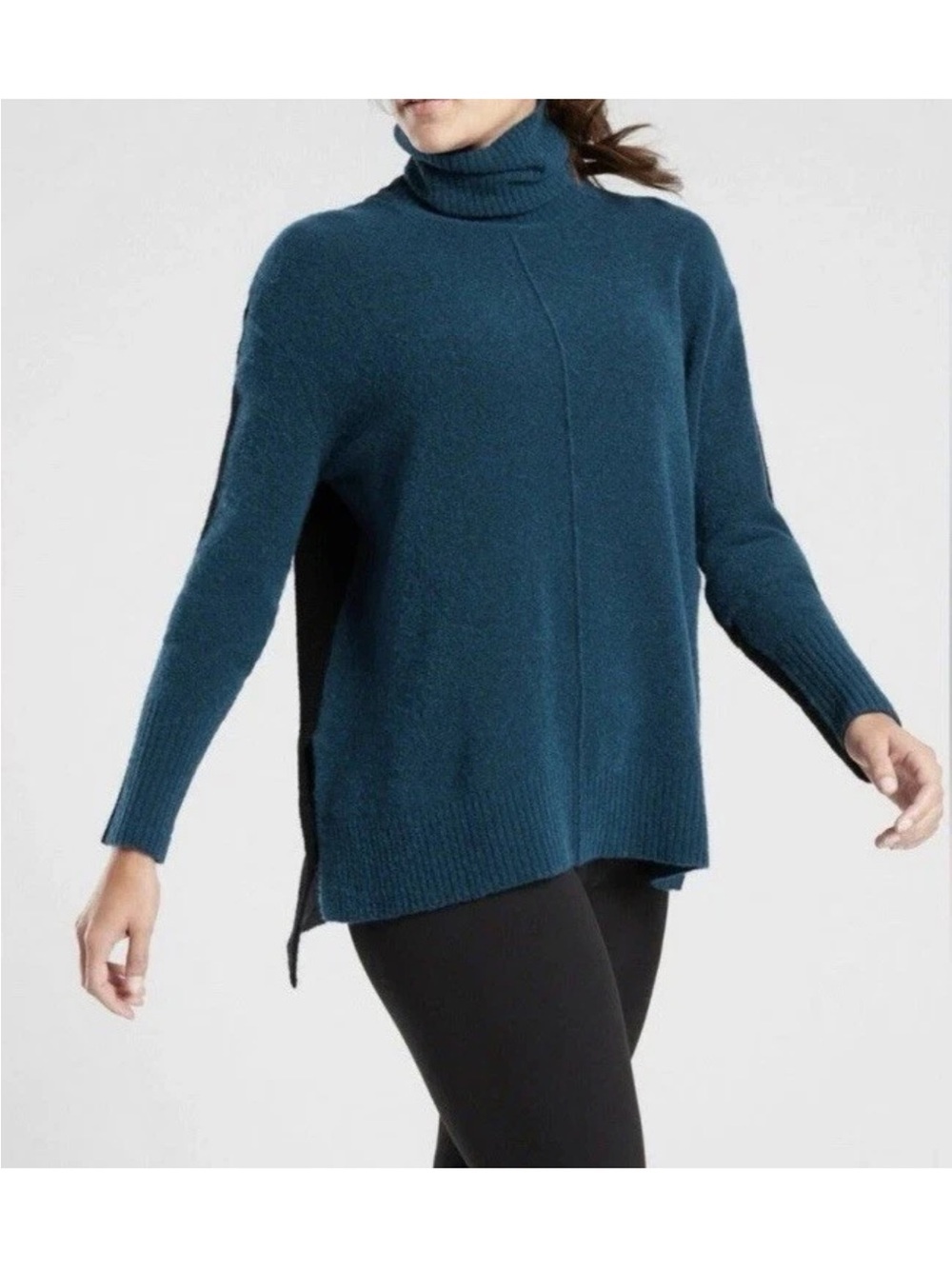 Athleta Transit Colorblock Turtleneck Blue Black Merino Wool Blend Size Small